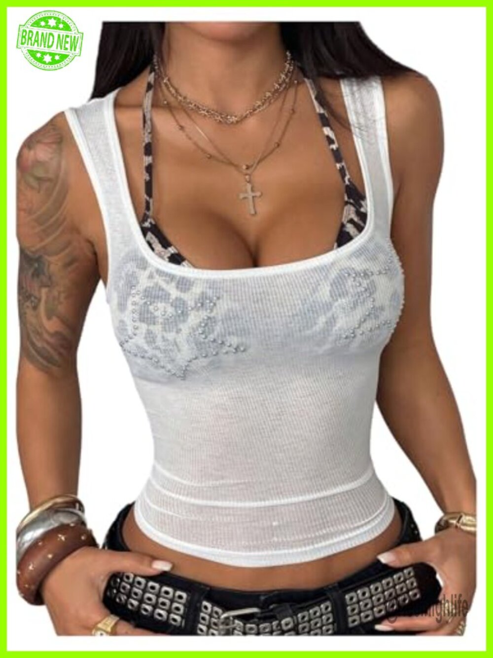 Y2K Star Studded Mesh Tank Top Square Neck Sleeveless Rave Top